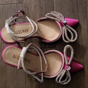 AZALEA WANG CRYSTAL ENCRUSTED BOW, STRAP WRAP ANKLE & BUCKLE POINTED TOE HEELS
